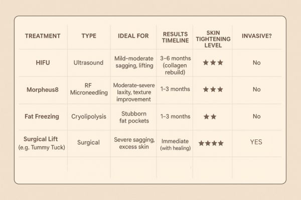 Table showing the comparisons of Skin tightening Tolworth treatment options.